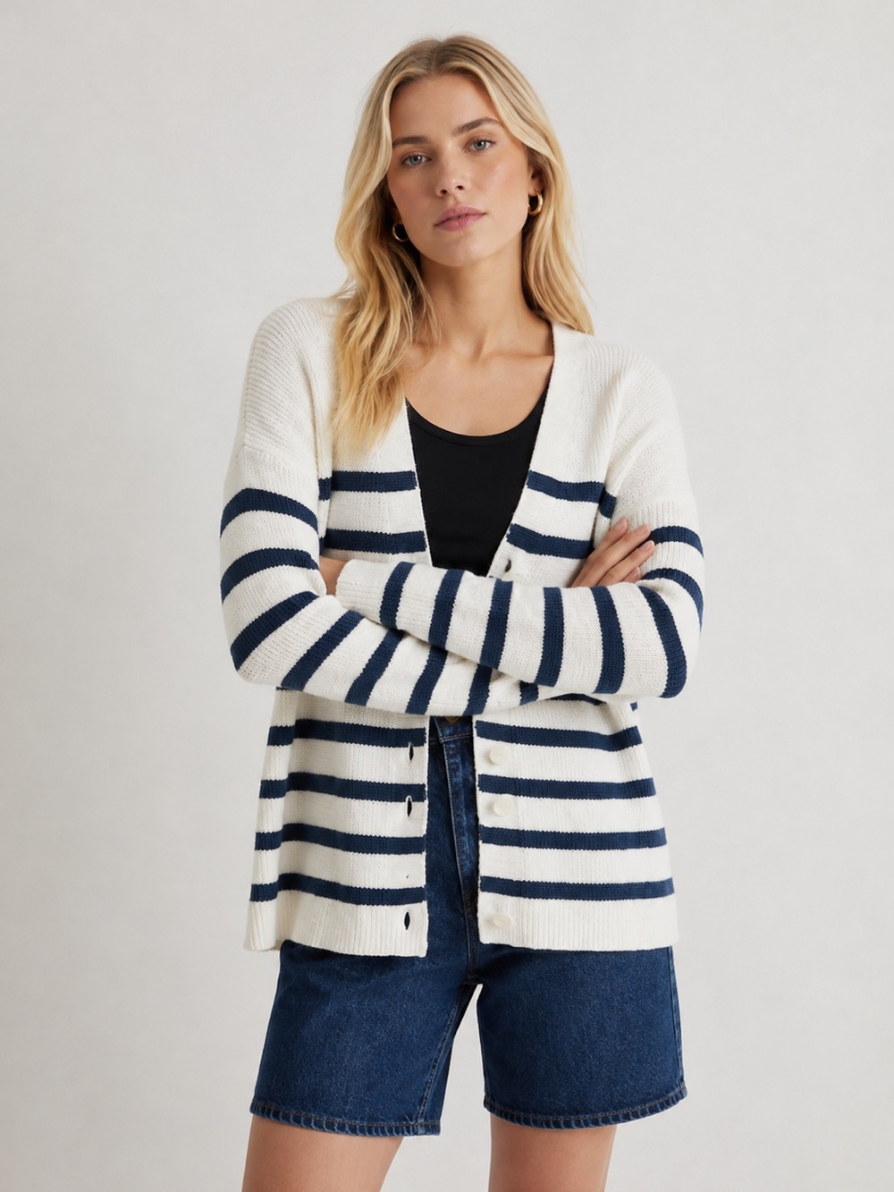 Madewell size XS Ivory and Navy Striped V-Neck cotton loose Cardigan